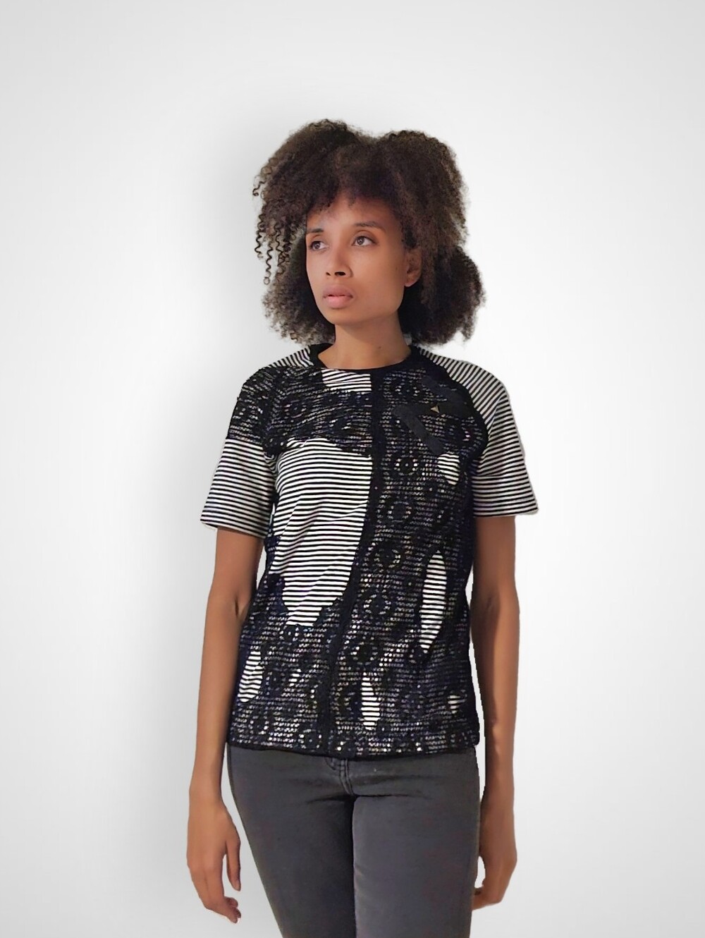 👕 Striped & Lace Overlay Black & White Unisex Top From Algorythm (S, M, XL)